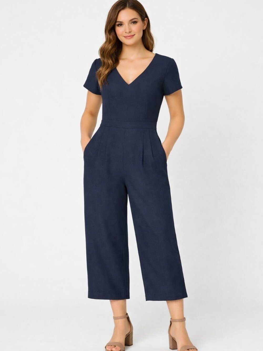 Club Monaco Women's Jumpsuit Size 00 Navy V-Neck Cap Sleeve Wide Leg Polyester